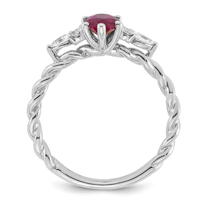 14k White Gold Polished Lab Created Ruby & 1/6 carat Lab Grown Diamond VS/SI+ G+ July Birthstone Complete Twisted Ring