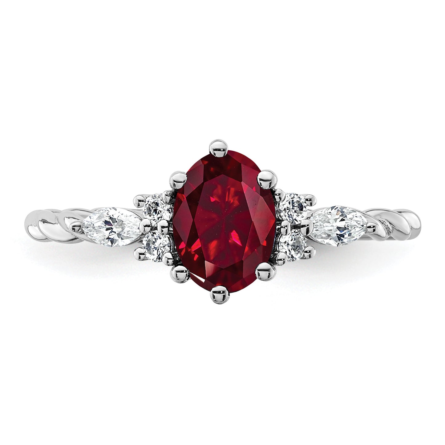 14K White Gold Diamond and 7x5 Oval July/Lab Created Ruby Size 7 Twisted Ring