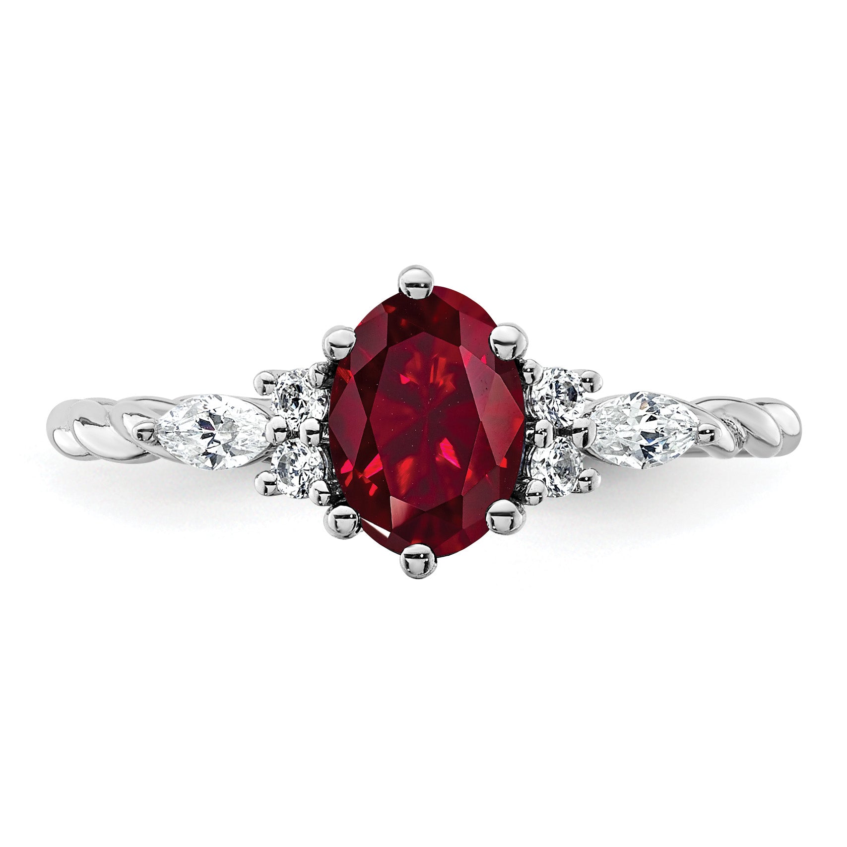 14K White Gold Diamond and 7x5 Oval July/Lab Created Ruby Size 7 Twisted Ring