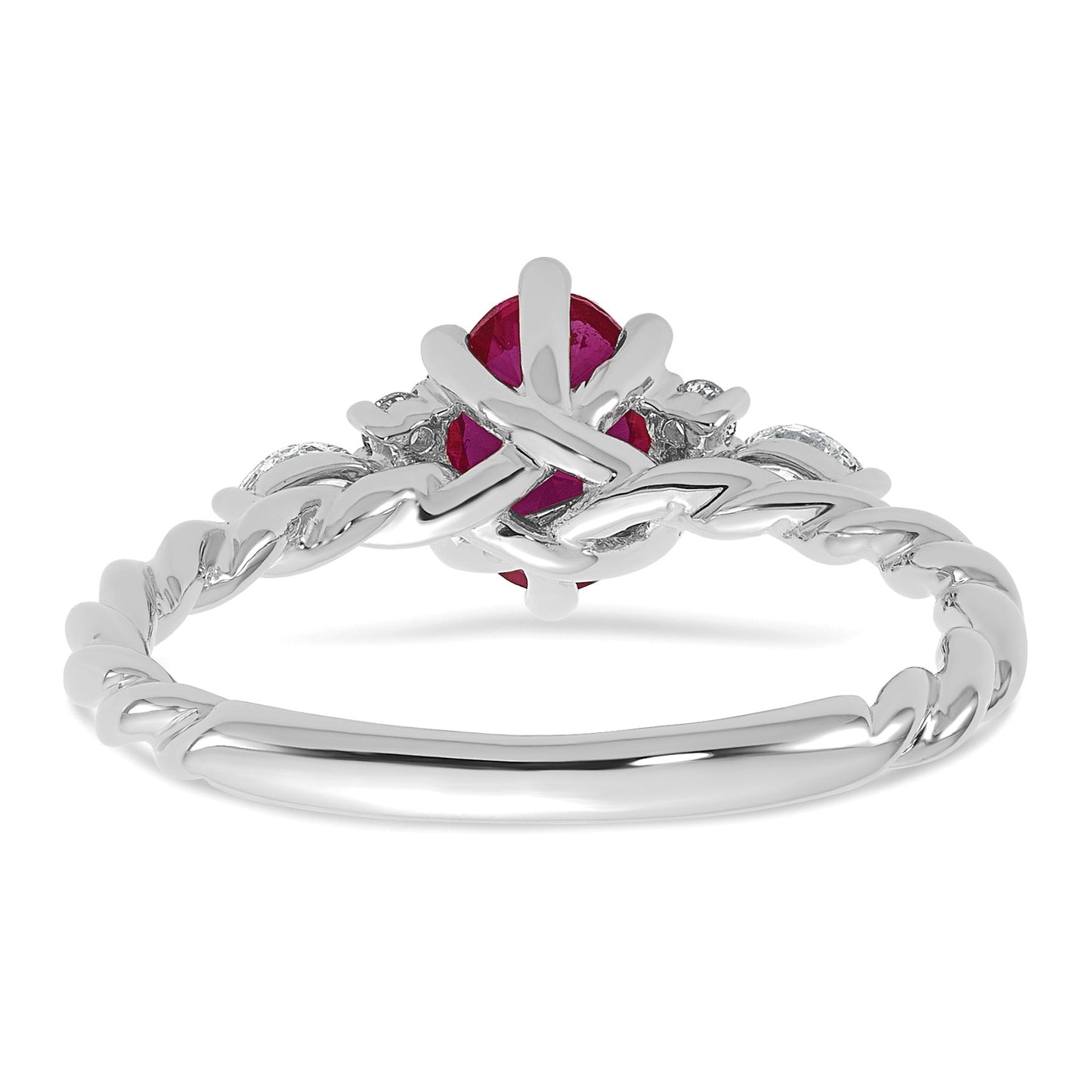 14k White Gold Polished Lab Created Ruby & 1/6 carat Lab Grown Diamond VS/SI+ G+ July Birthstone Complete Twisted Ring