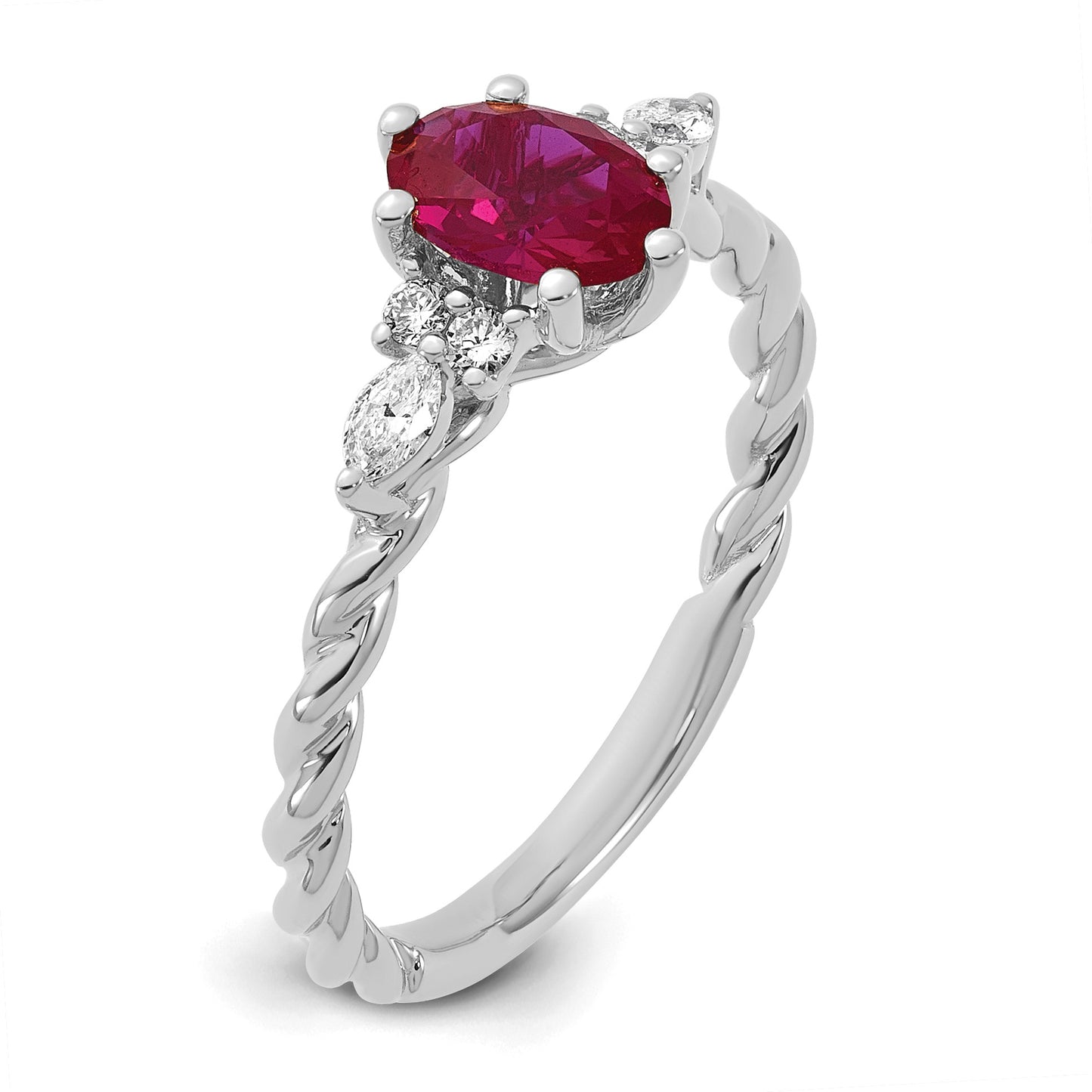 14k White Gold Polished Lab Created Ruby & 1/6 carat Lab Grown Diamond VS/SI+ G+ July Birthstone Complete Twisted Ring