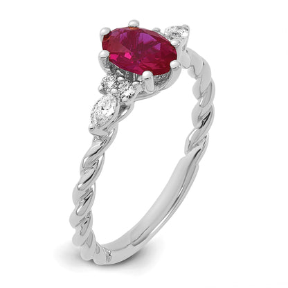 14k White Gold Polished Lab Created Ruby & 1/6 carat Lab Grown Diamond VS/SI+ G+ July Birthstone Complete Twisted Ring