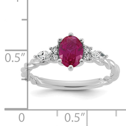 14k White Gold Polished Lab Created Ruby & 1/6 carat Lab Grown Diamond VS/SI+ G+ July Birthstone Complete Twisted Ring