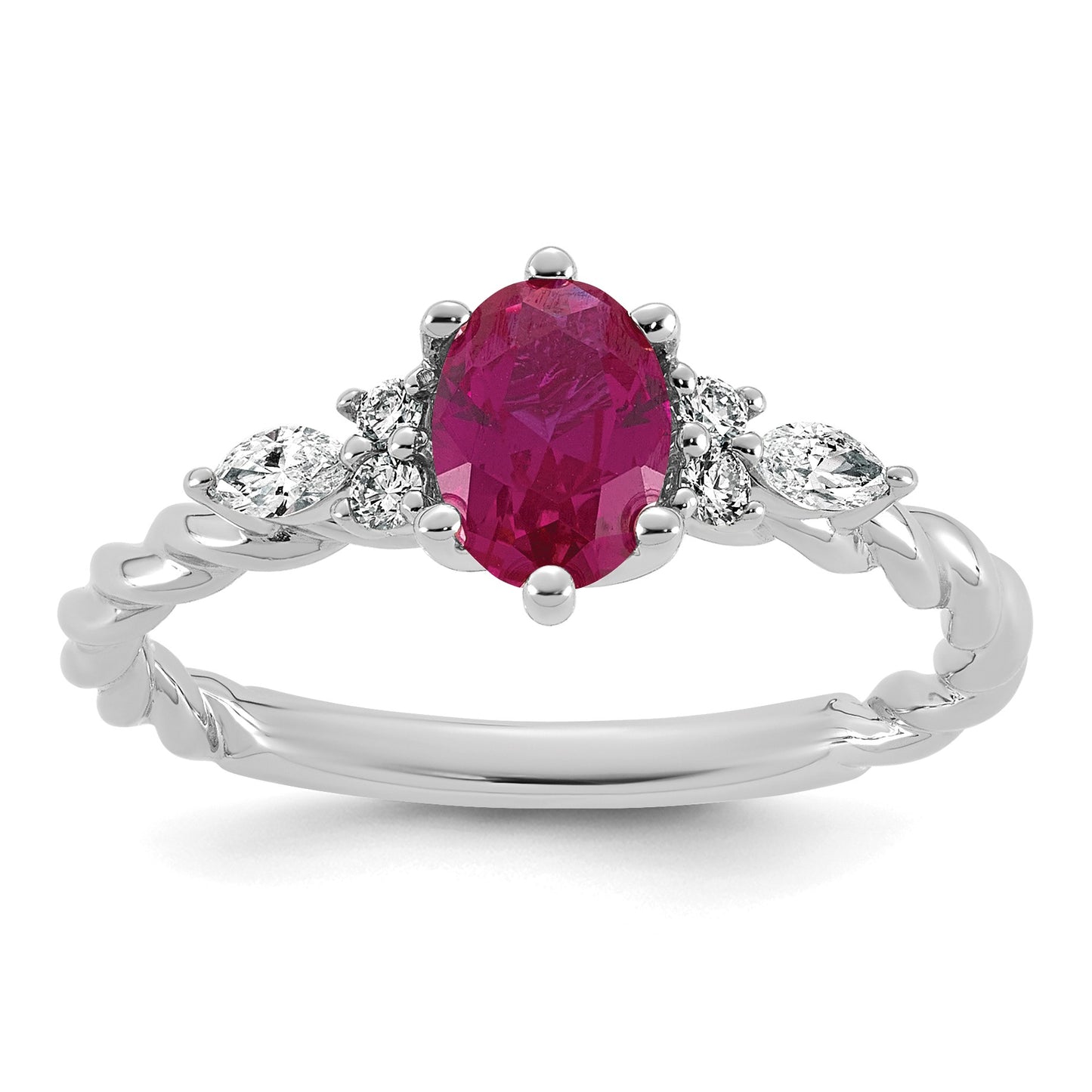 14k White Gold Polished Lab Created Ruby & 1/6 carat Lab Grown Diamond VS/SI+ G+ July Birthstone Complete Twisted Ring