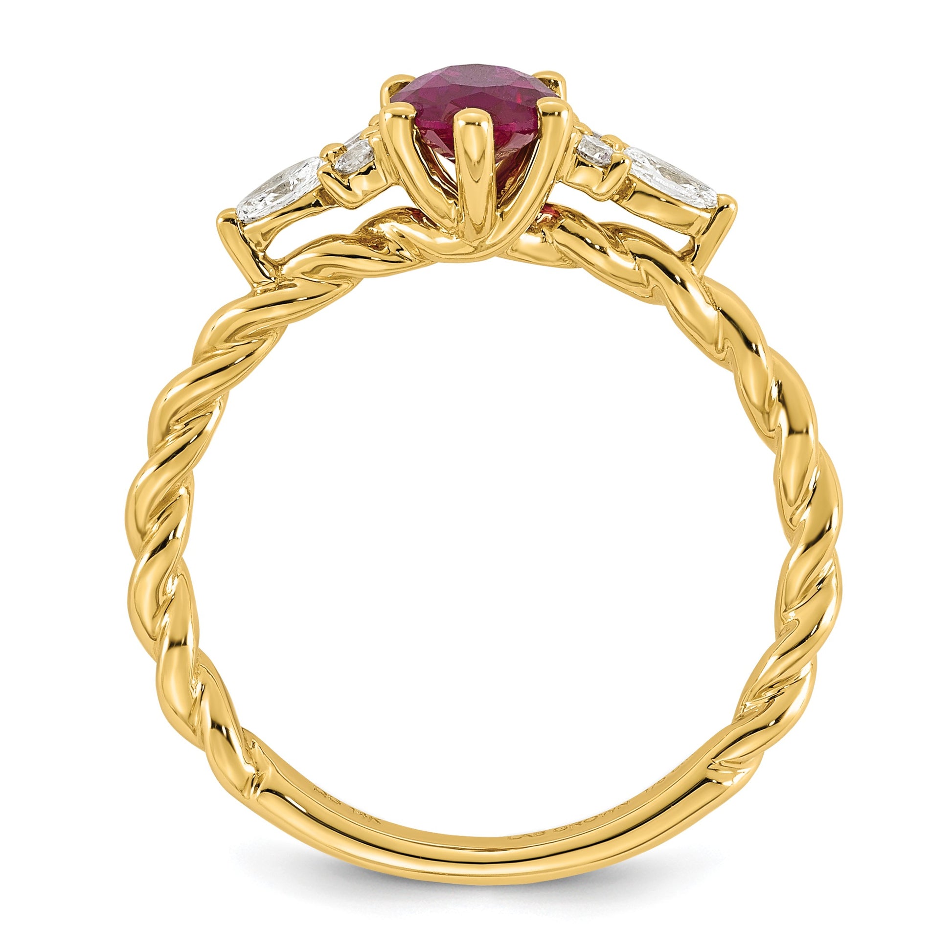 14k Polished Lab Created Ruby & 1/6 carat Lab Grown Diamond VS/SI+ G+ July Birthstone Complete Twisted Ring