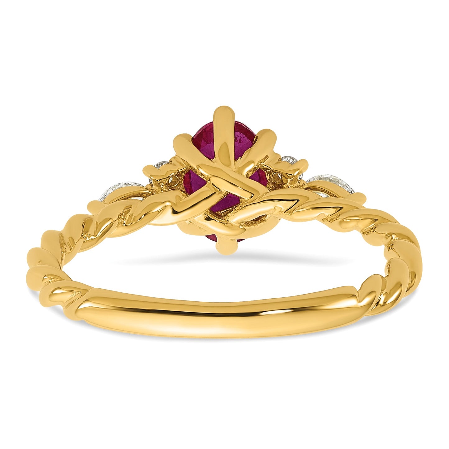 14k Polished Lab Created Ruby & 1/6 carat Lab Grown Diamond VS/SI+ G+ July Birthstone Complete Twisted Ring