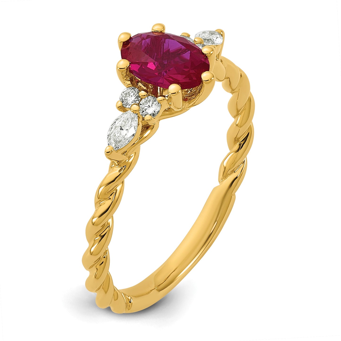 14k Polished Lab Created Ruby & 1/6 carat Lab Grown Diamond VS/SI+ G+ July Birthstone Complete Twisted Ring