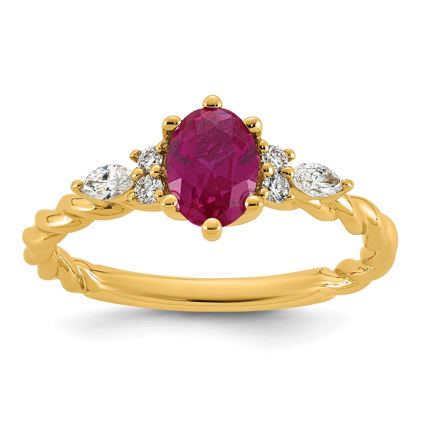 14k Polished Lab Created Ruby & 1/6 carat Lab Grown Diamond VS/SI+ G+ July Birthstone Complete Twisted Ring