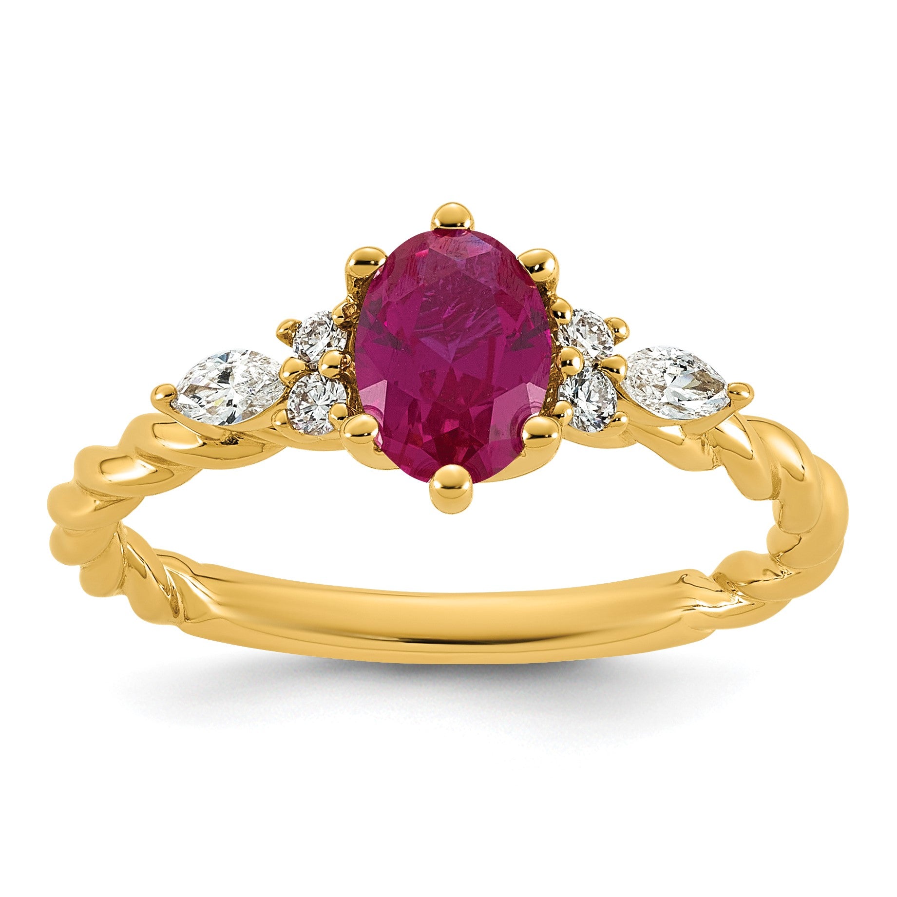 14k Polished Lab Created Ruby & 1/6 carat Lab Grown Diamond VS/SI+ G+ July Birthstone Complete Twisted Ring