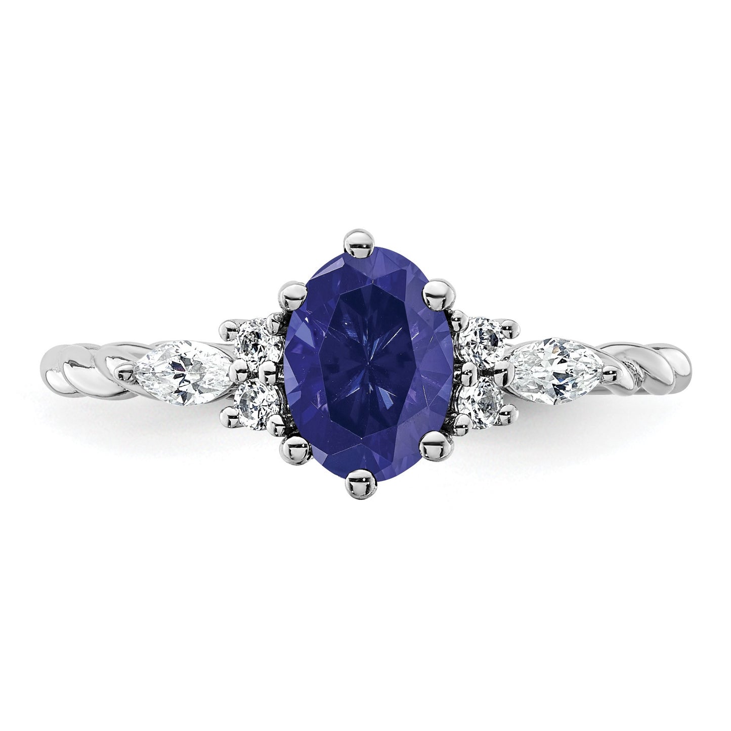 14K White Gold Diamond and 7x5 Oval September/Lab Created Sapphire Size 7 Twisted Ring