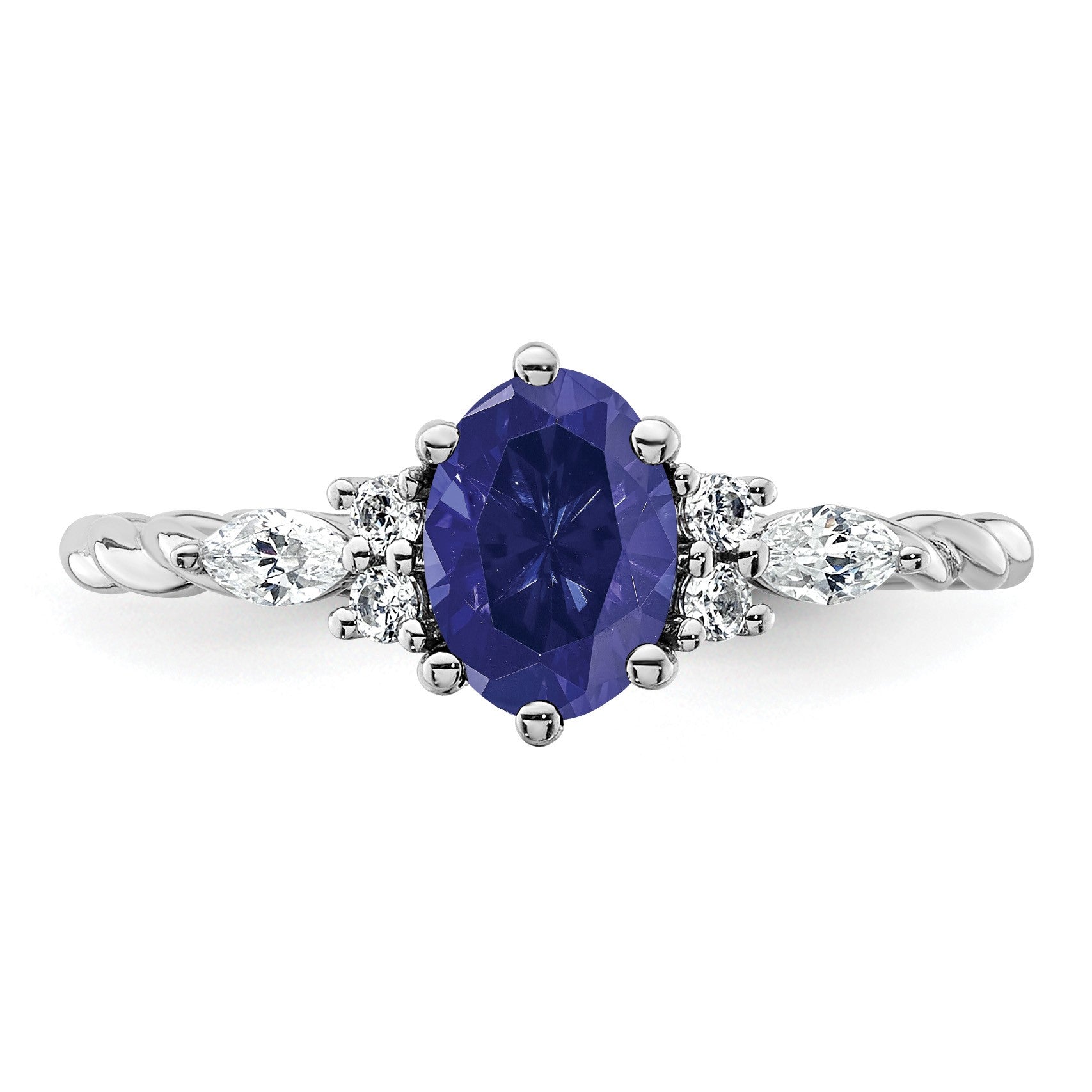14K White Gold Diamond and 7x5 Oval September/Lab Created Sapphire Size 7 Twisted Ring