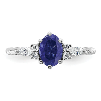 14K White Gold Diamond and 7x5 Oval September/Lab Created Sapphire Size 7 Twisted Ring