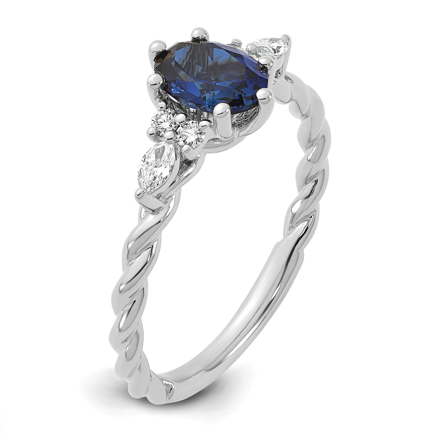 14K White Gold Diamond and 7x5 Oval September/Lab Created Sapphire Size 7 Twisted Ring