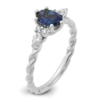 14K White Gold Diamond and 7x5 Oval September/Lab Created Sapphire Size 7 Twisted Ring