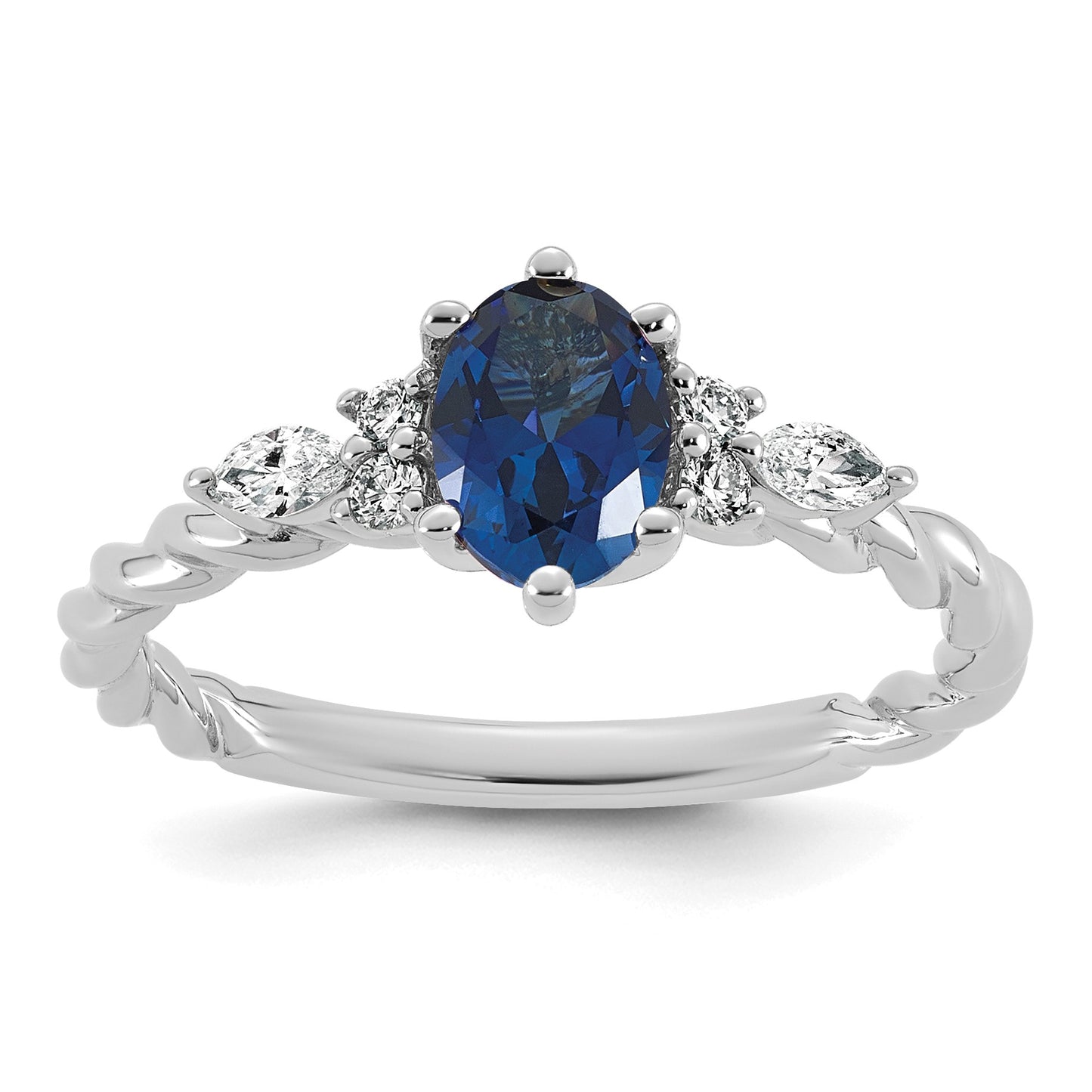 14K White Gold Diamond and 7x5 Oval September/Lab Created Sapphire Size 7 Twisted Ring
