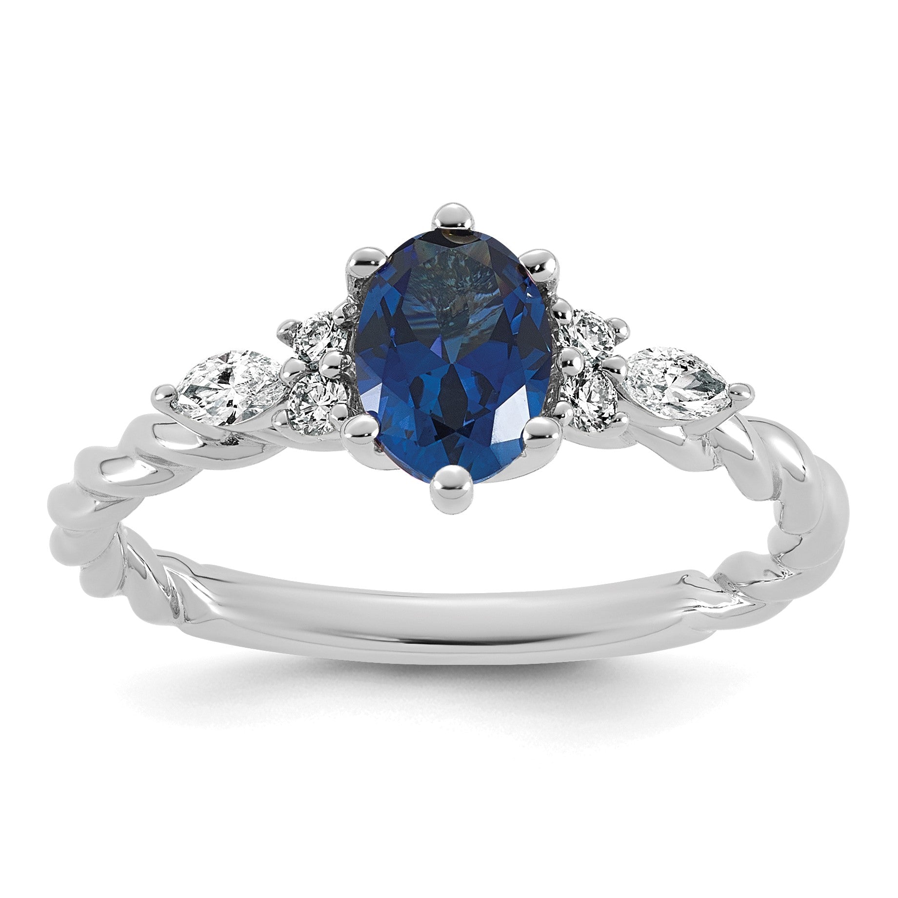 14K White Gold Diamond and 7x5 Oval September/Lab Created Sapphire Size 7 Twisted Ring