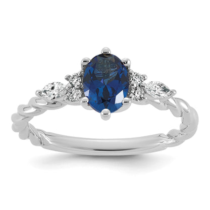 14K White Gold Diamond and 7x5 Oval September/Lab Created Sapphire Size 7 Twisted Ring