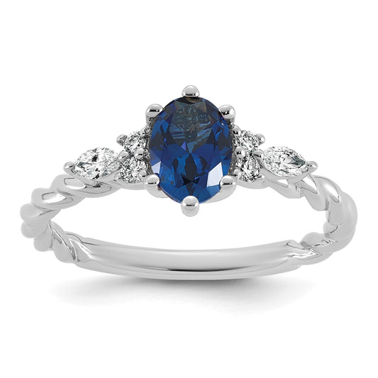 14K White Gold Diamond and 7x5 Oval September/Lab Created Sapphire Size 7 Twisted Ring
