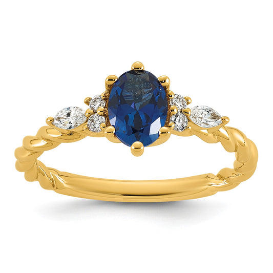 14K Diamond and 7x5 Oval September/Lab Created Sapphire Size 7 Twisted Ring