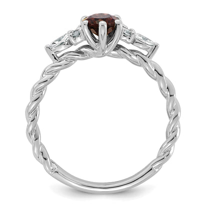 14K White Gold Diamond and 7x5 Oval January/Garnet Size 7 Twisted Ring