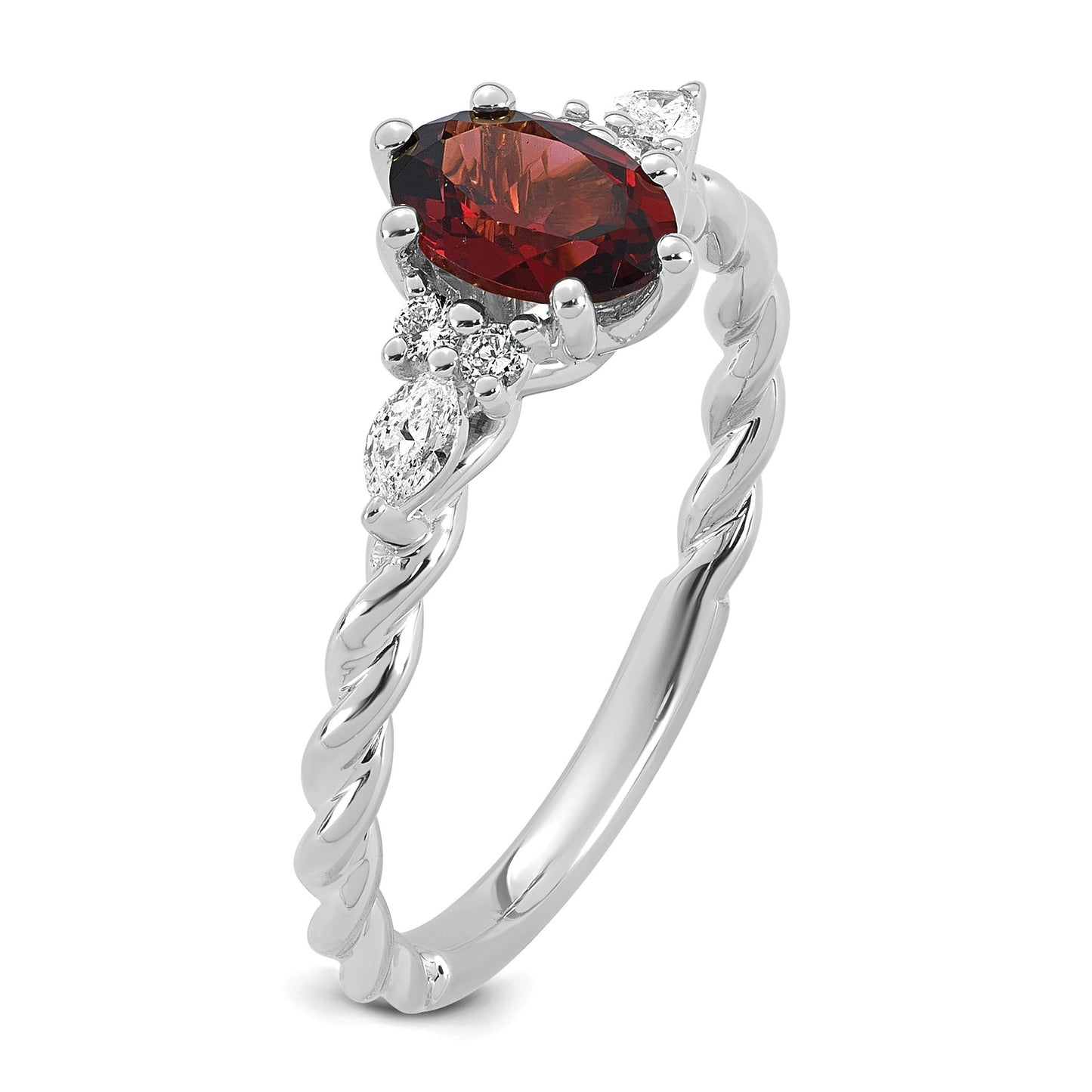 14K White Gold Diamond and 7x5 Oval January/Garnet Size 7 Twisted Ring