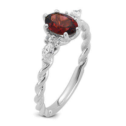 14K White Gold Diamond and 7x5 Oval January/Garnet Size 7 Twisted Ring