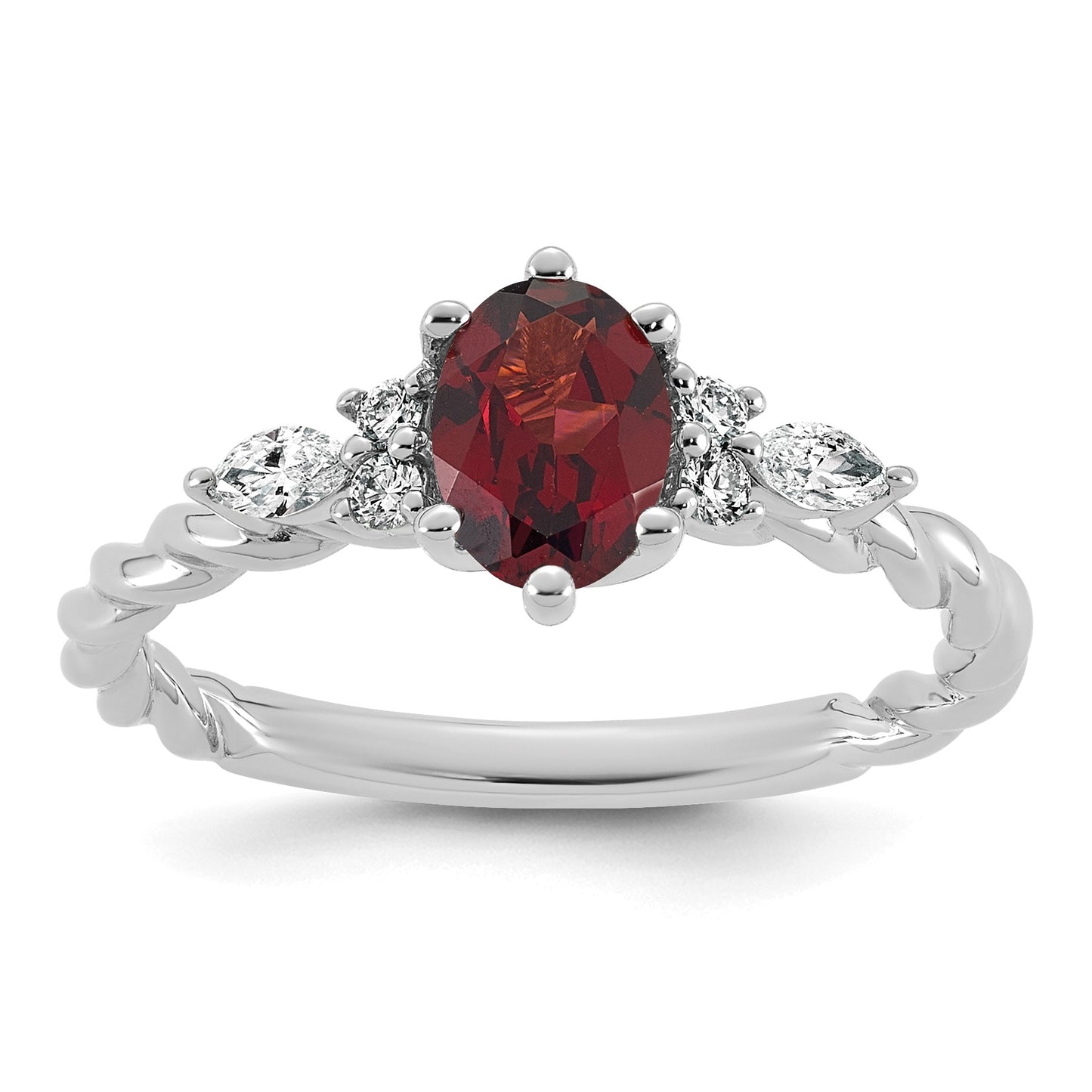 14K White Gold Diamond and 7x5 Oval January/Garnet Size 7 Twisted Ring