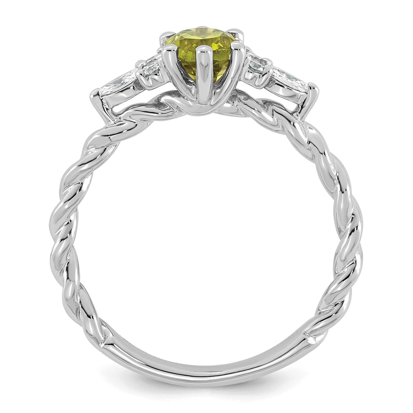 14K White Gold Diamond and 7x5 Oval August/Peridot Size 7 Twisted Ring