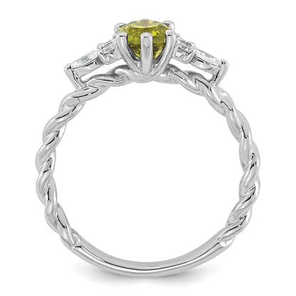14K White Gold Diamond and 7x5 Oval August/Peridot Size 7 Twisted Ring