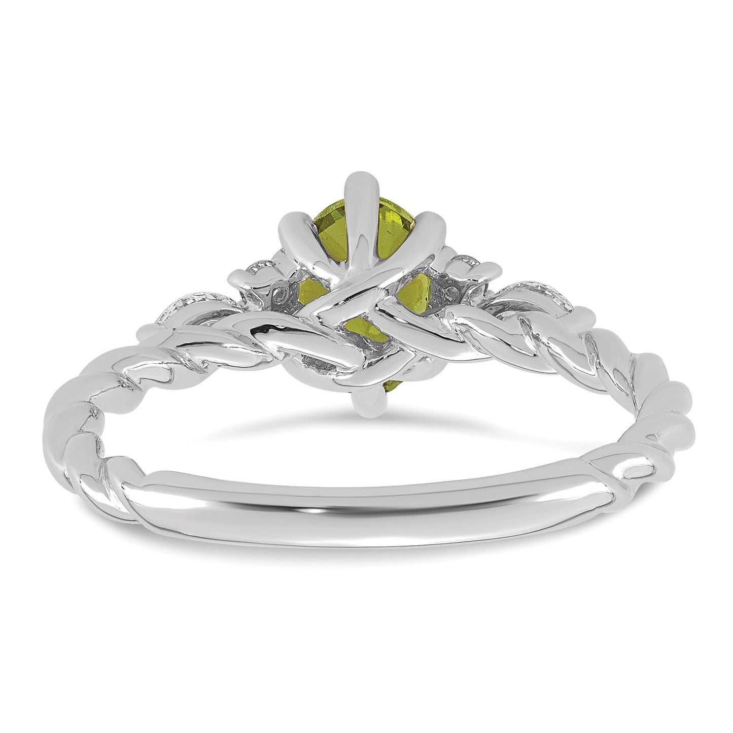 14K White Gold Diamond and 7x5 Oval August/Peridot Size 7 Twisted Ring