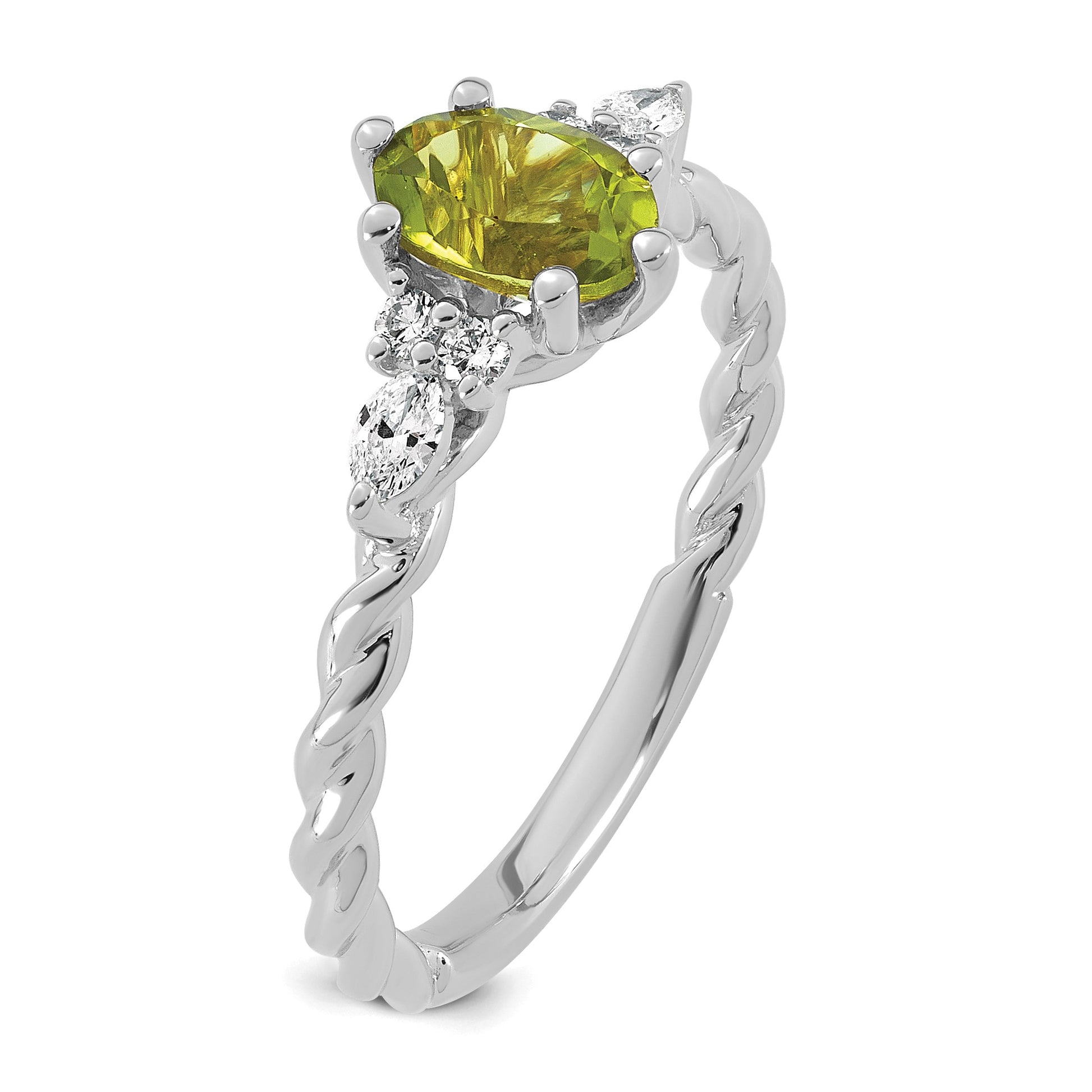 14K White Gold Diamond and 7x5 Oval August/Peridot Size 7 Twisted Ring