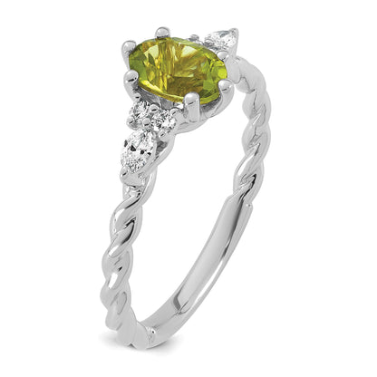 14K White Gold Diamond and 7x5 Oval August/Peridot Size 7 Twisted Ring