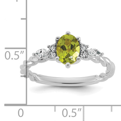 14K White Gold Diamond and 7x5 Oval August/Peridot Size 7 Twisted Ring