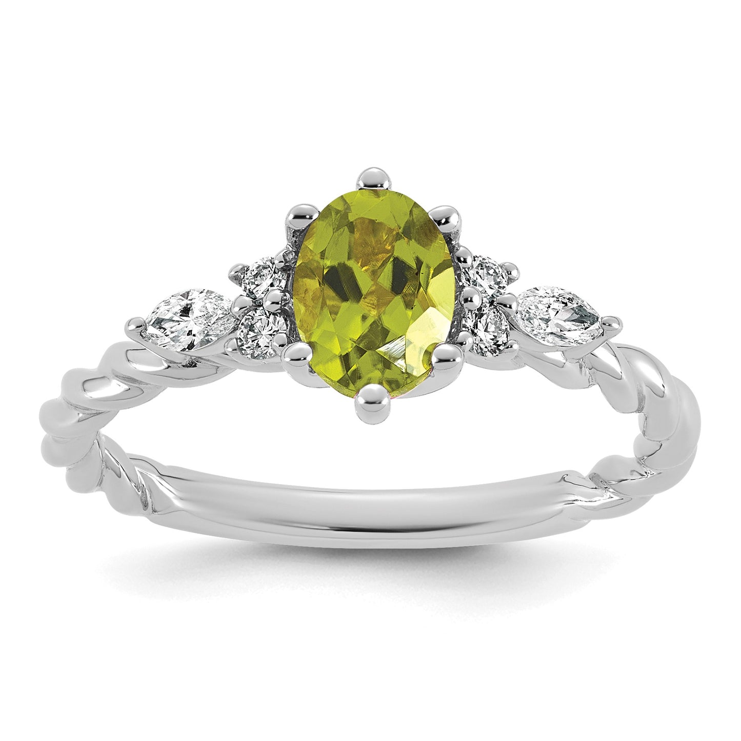 14K White Gold Diamond and 7x5 Oval August/Peridot Size 7 Twisted Ring