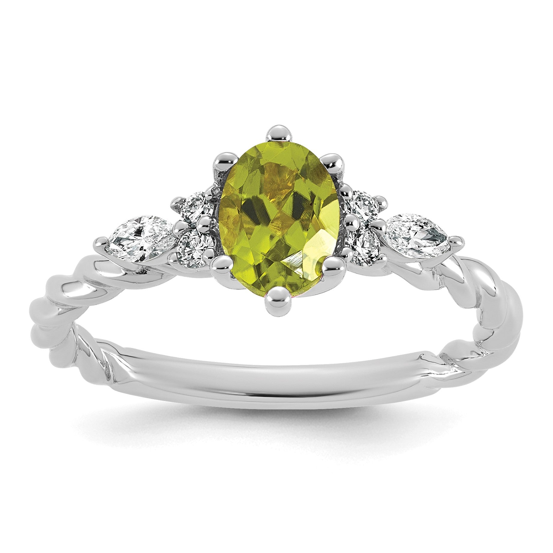 14K White Gold Diamond and 7x5 Oval August/Peridot Size 7 Twisted Ring