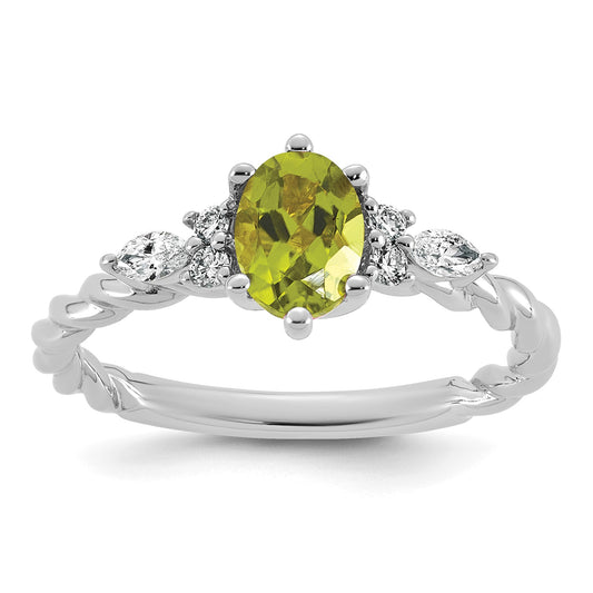 14K White Gold Diamond and 7x5 Oval August/Peridot Size 7 Twisted Ring