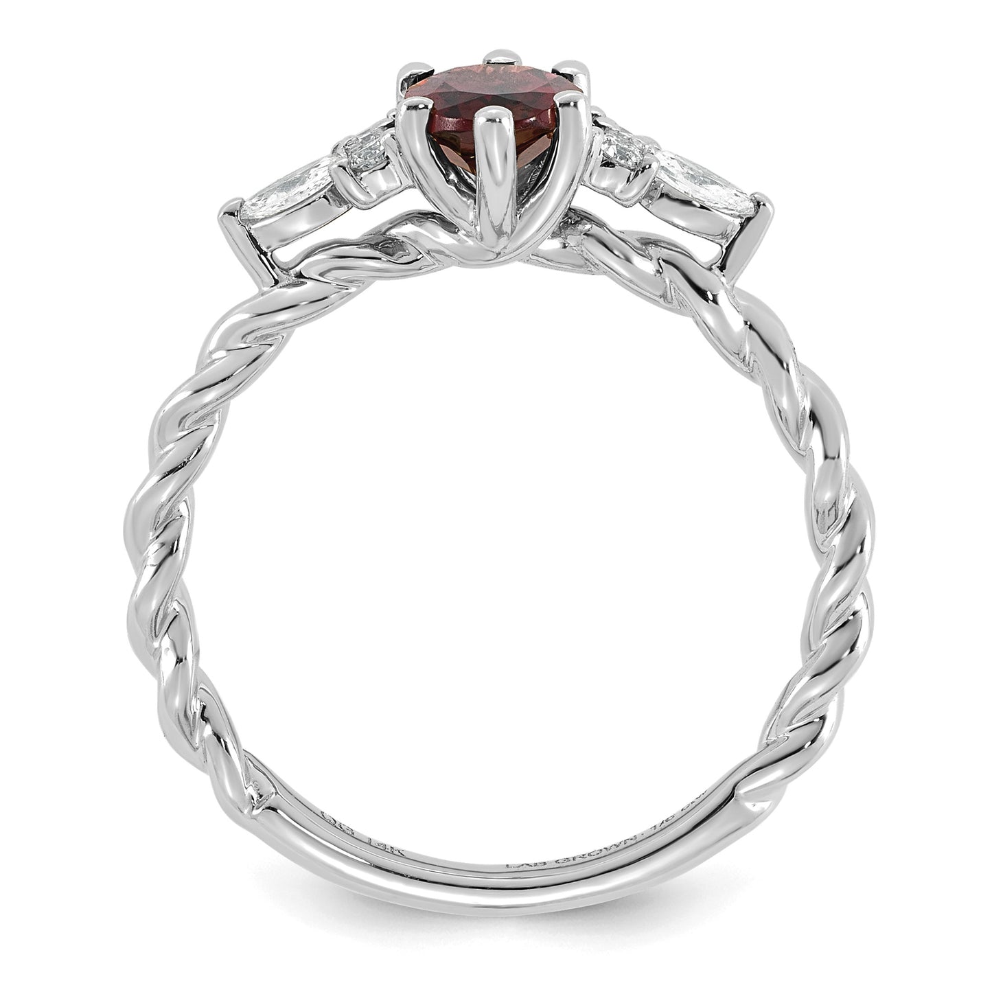 14K White Gold Diamond and 7x5 Oval June/Rhodolite Garnet Size 7 Twisted Ring