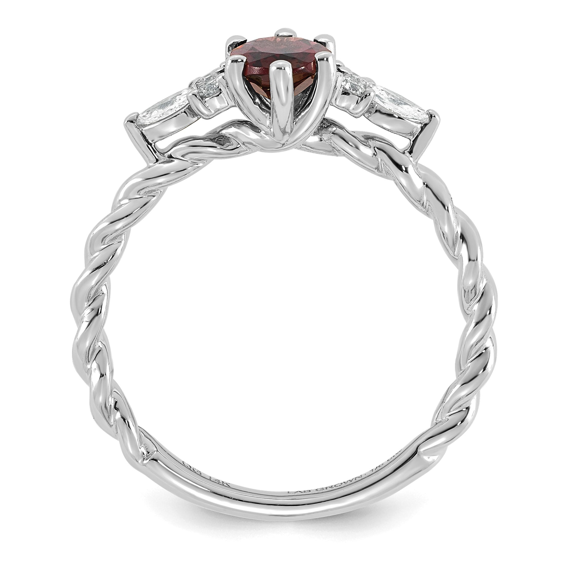 14K White Gold Diamond and 7x5 Oval June/Rhodolite Garnet Size 7 Twisted Ring
