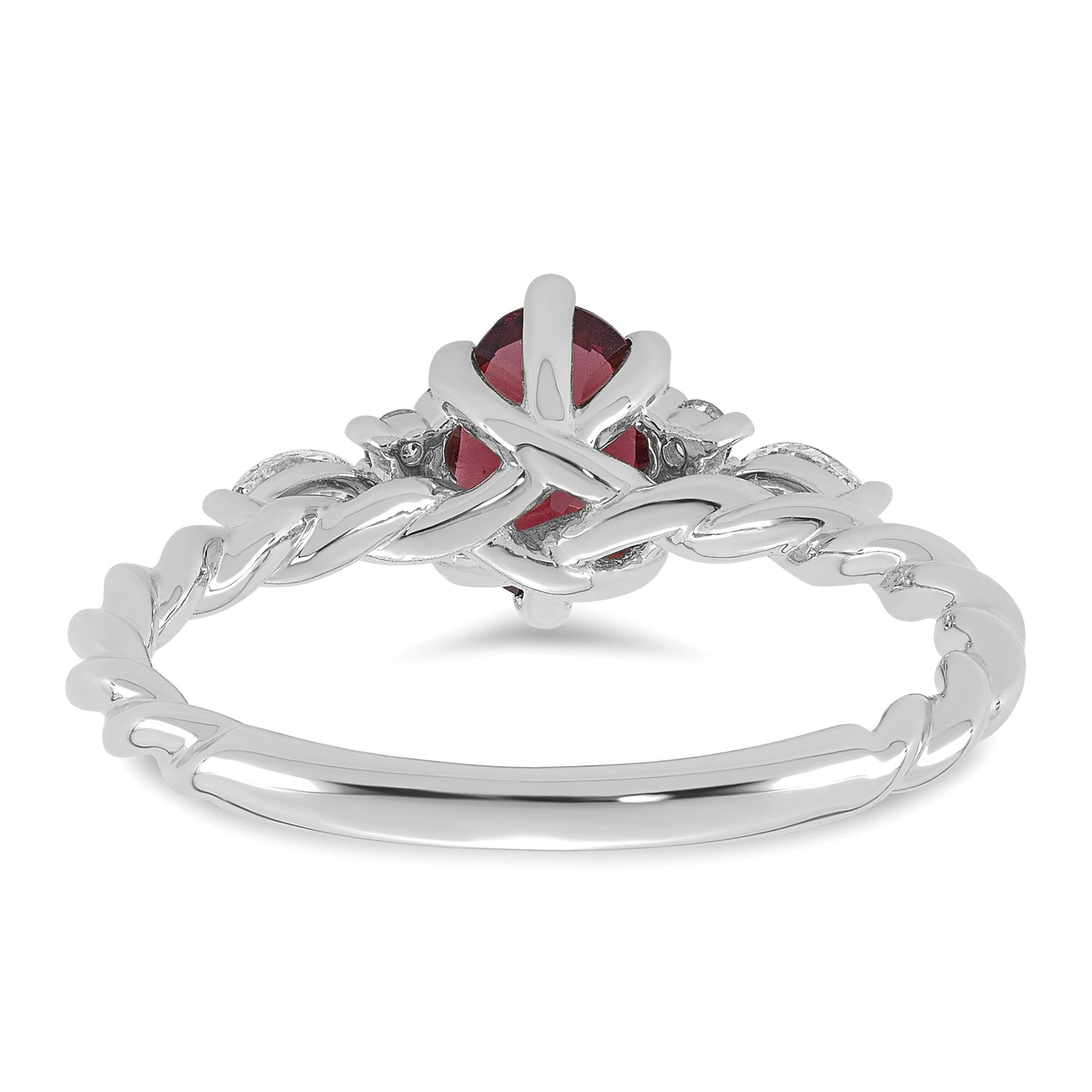 14K White Gold Diamond and 7x5 Oval June/Rhodolite Garnet Size 7 Twisted Ring