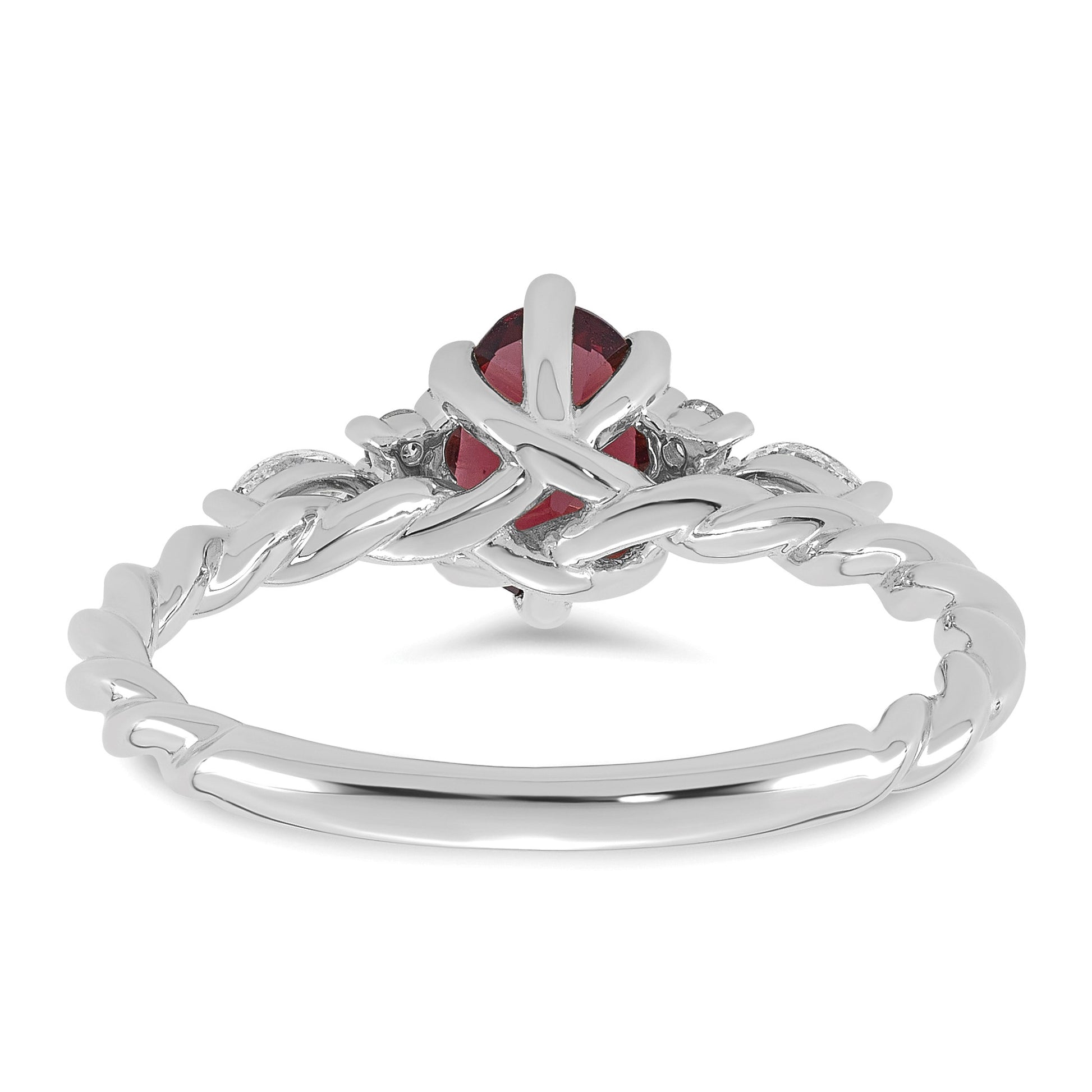 14K White Gold Diamond and 7x5 Oval June/Rhodolite Garnet Size 7 Twisted Ring