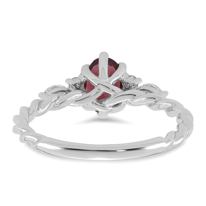 14K White Gold Diamond and 7x5 Oval June/Rhodolite Garnet Size 7 Twisted Ring