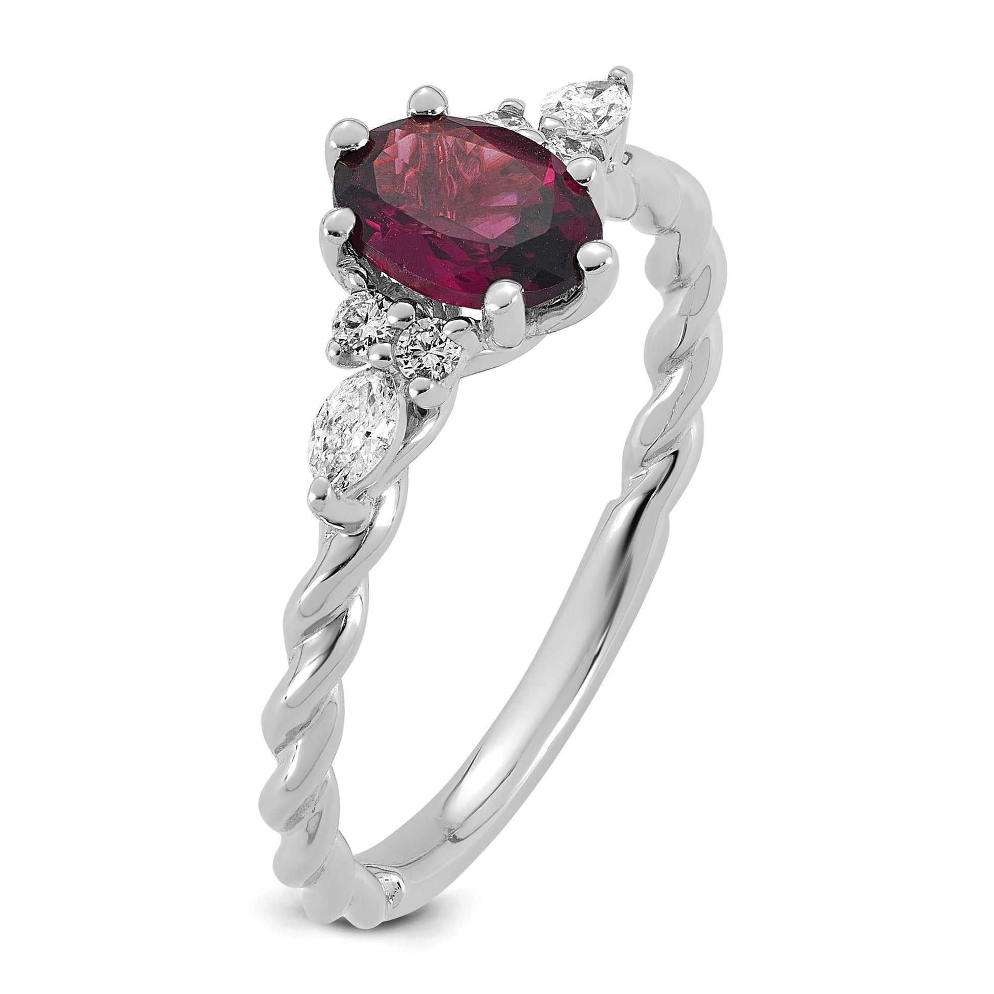 14K White Gold Diamond and 7x5 Oval June/Rhodolite Garnet Size 7 Twisted Ring