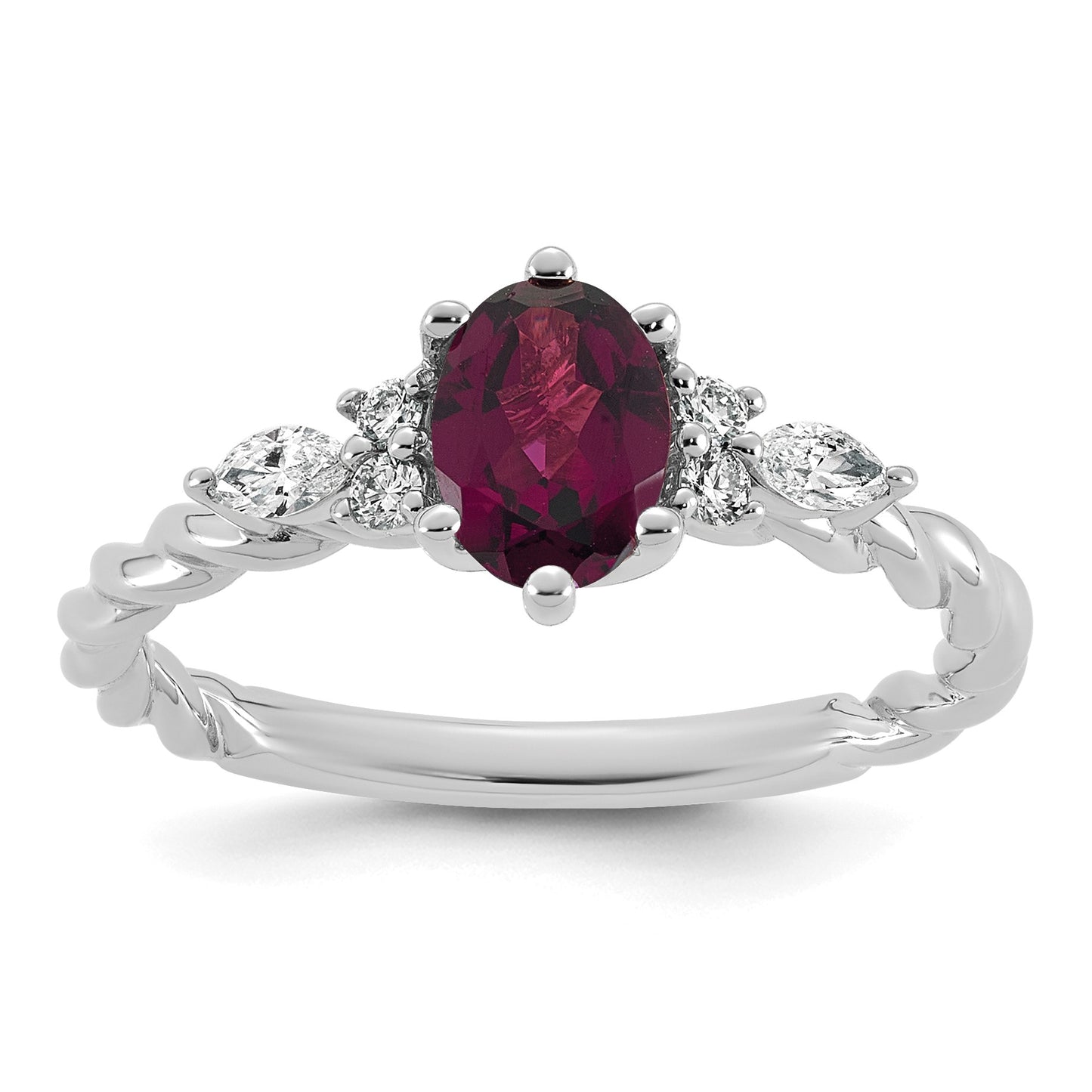 14K White Gold Diamond and 7x5 Oval June/Rhodolite Garnet Size 7 Twisted Ring