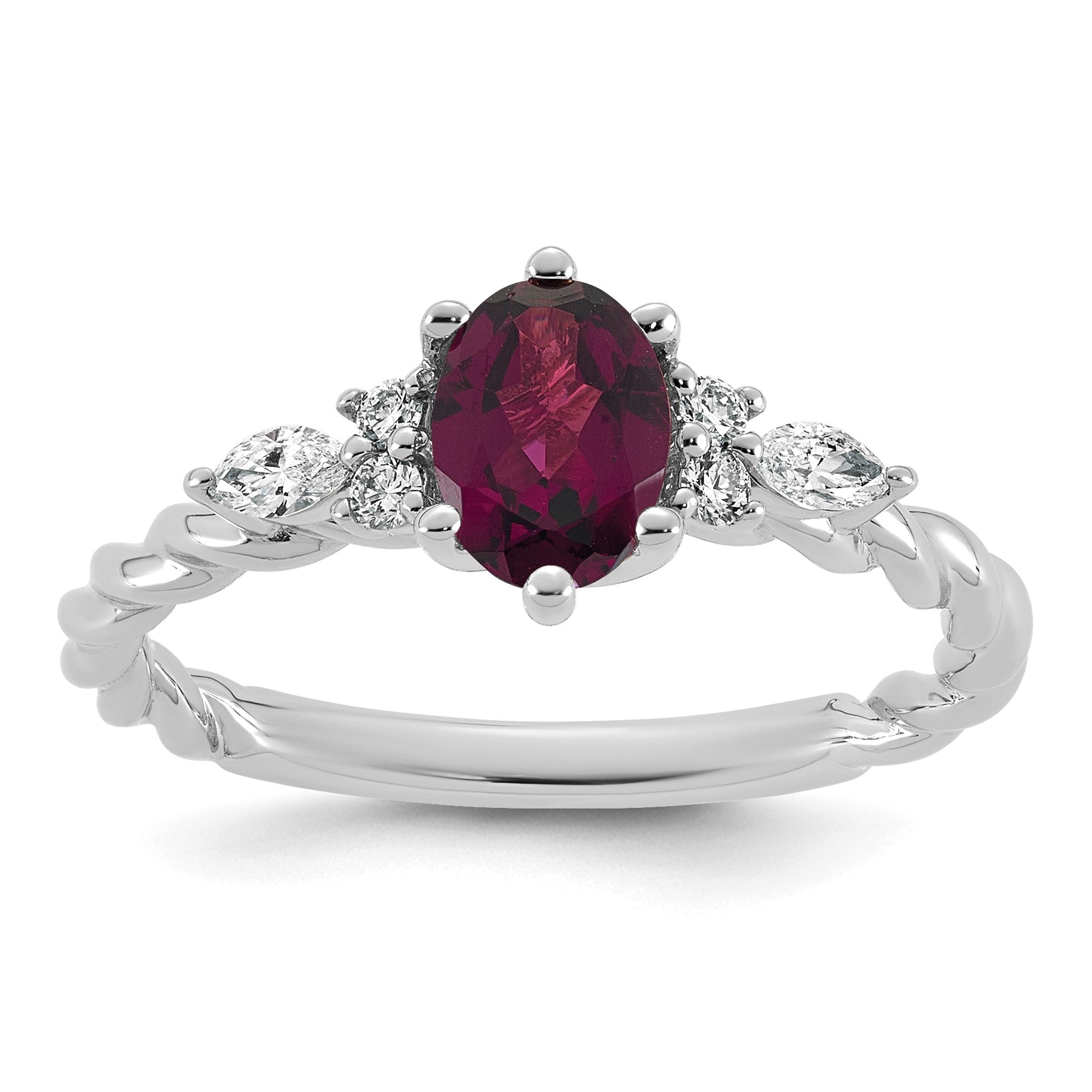 14K White Gold Diamond and 7x5 Oval June/Rhodolite Garnet Size 7 Twisted Ring