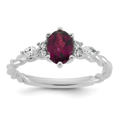 14K White Gold Diamond and 7x5 Oval June/Rhodolite Garnet Size 7 Twisted Ring