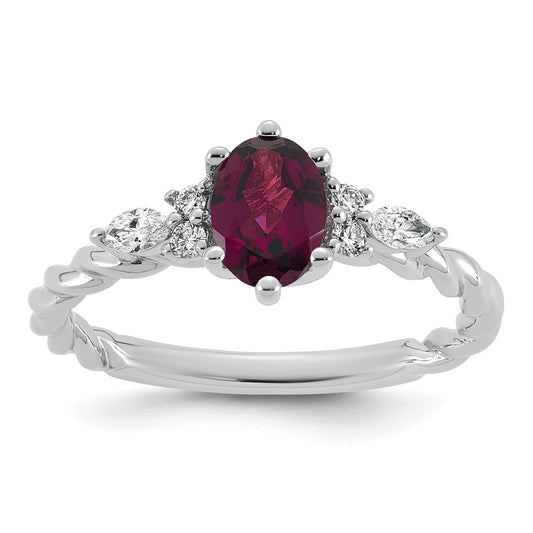 14K White Gold Diamond and 7x5 Oval June/Rhodolite Garnet Size 7 Twisted Ring