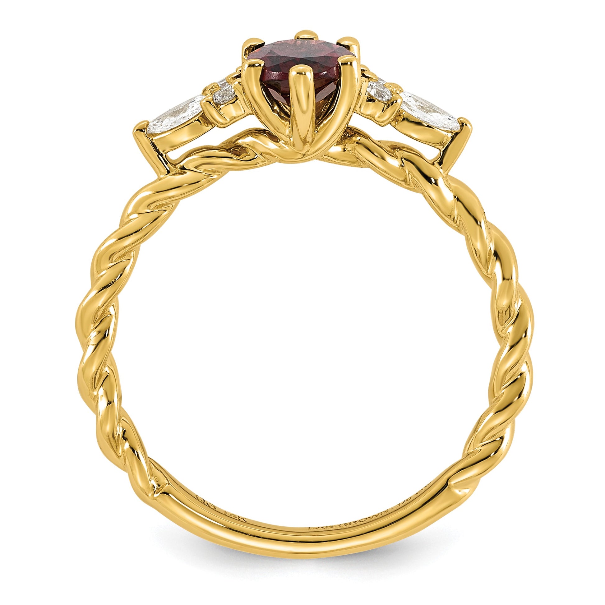 14K Diamond and 7x5 Oval June/Rhodolite Garnet Size 7 Twisted Ring