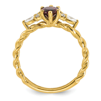 14K Diamond and 7x5 Oval June/Rhodolite Garnet Size 7 Twisted Ring