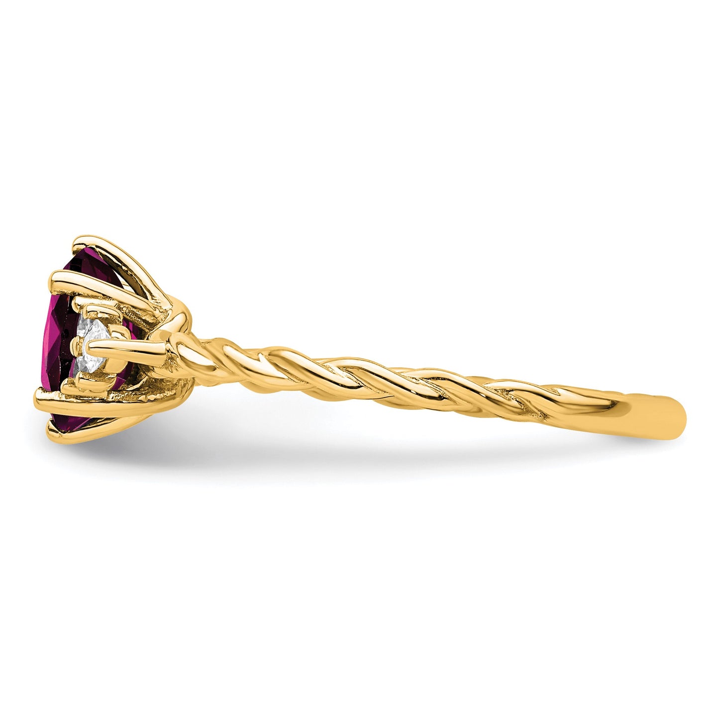 14K Diamond and 7x5 Oval June/Rhodolite Garnet Size 7 Twisted Ring