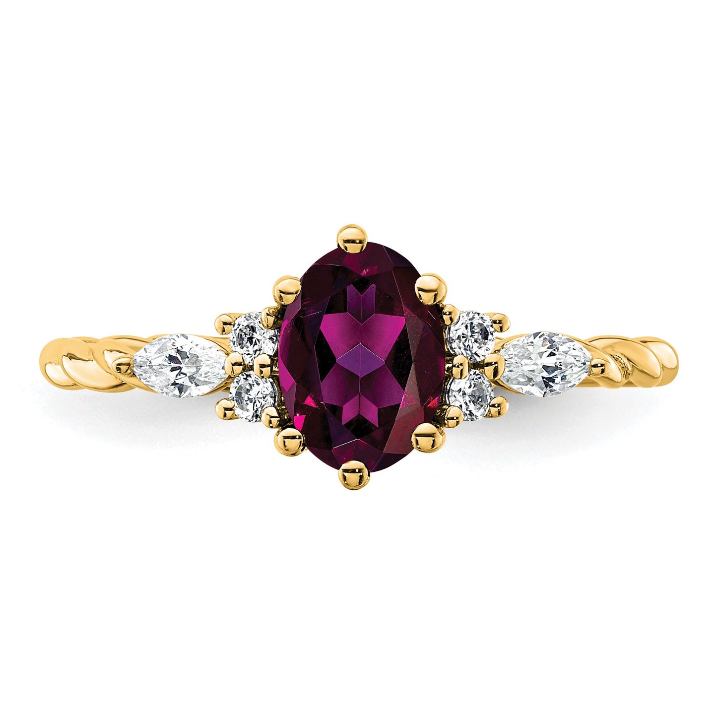 14K Diamond and 7x5 Oval June/Rhodolite Garnet Size 7 Twisted Ring